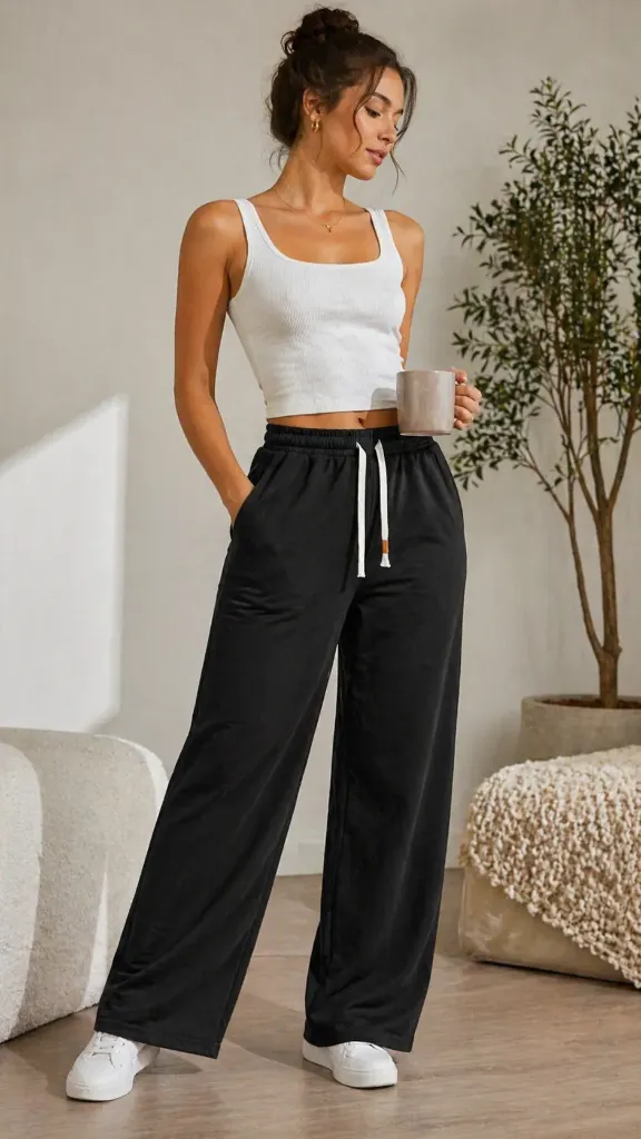 Pantalón joguer de mujer de color entero y cordón blanco