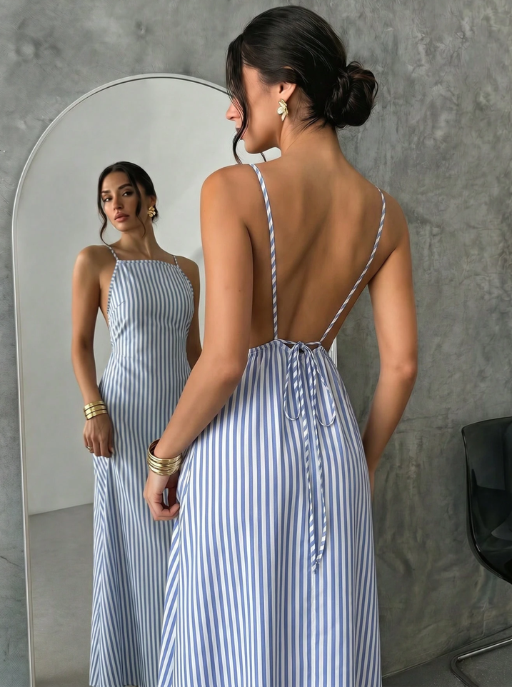 Vestido amplio largo con espalda descubierta de rayas