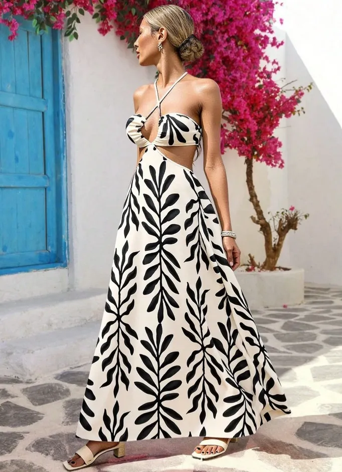 Vestido de tirantes con apertura en la cintura largo de verano estampado de hojas blanco y negro