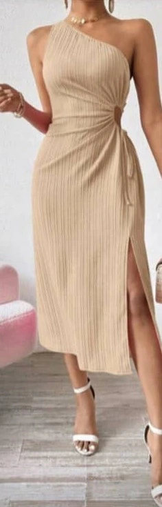 Vestido de un hombro pierna abierta Beige