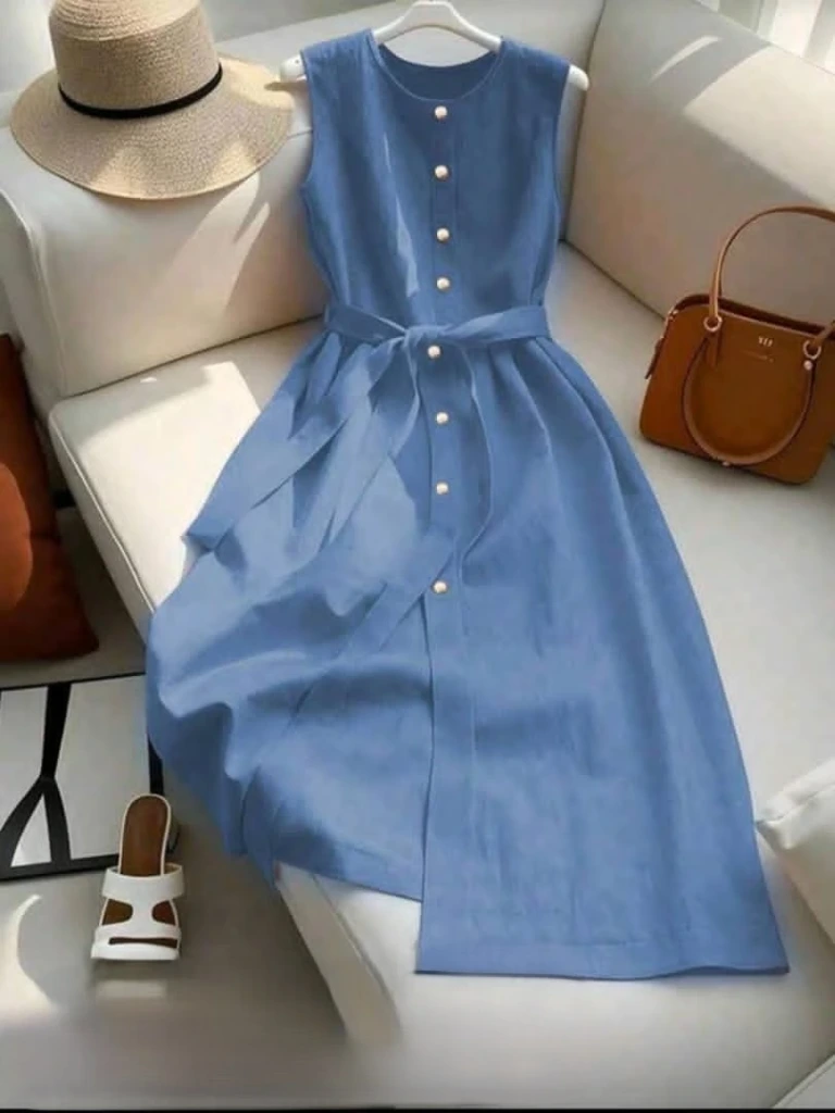 Vestido largo con botones delanteros Azul