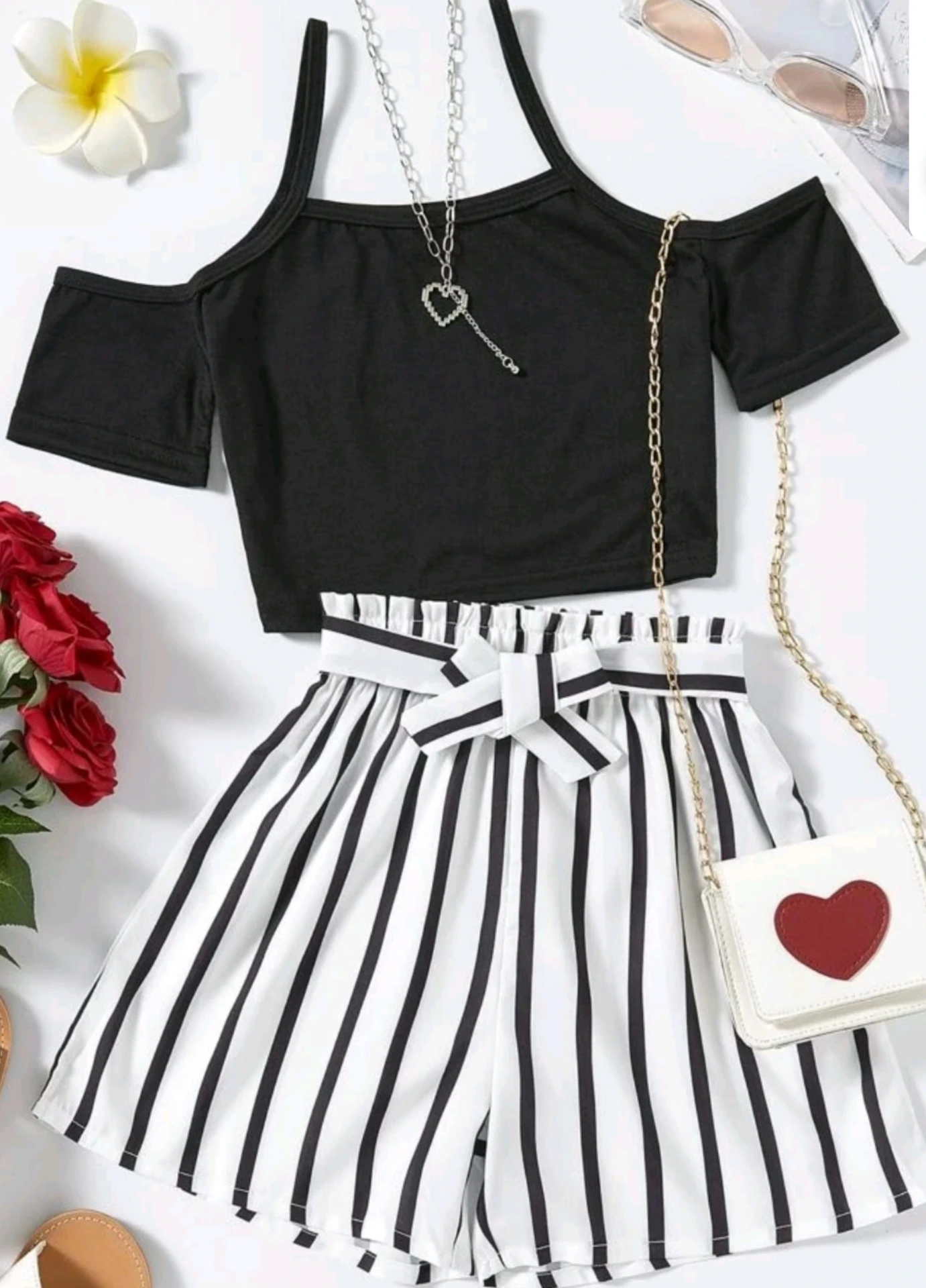 Set de niña Top negro y Short Blanco y Negro de Rayas