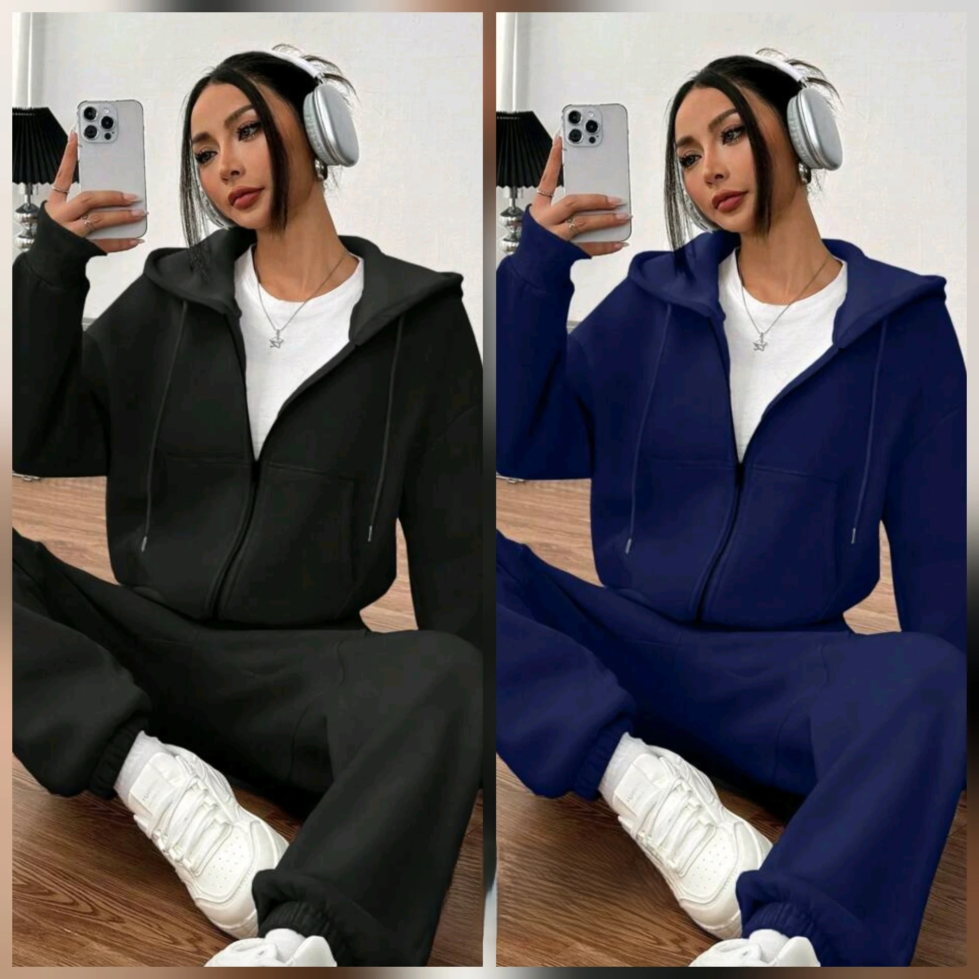 Set de abrigo y pantalón joguer de puño de mujer (Negro)