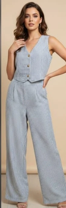 Set de blusa estilo chaleco y pantalón de vestir de rayas (Negro, Grande (L))