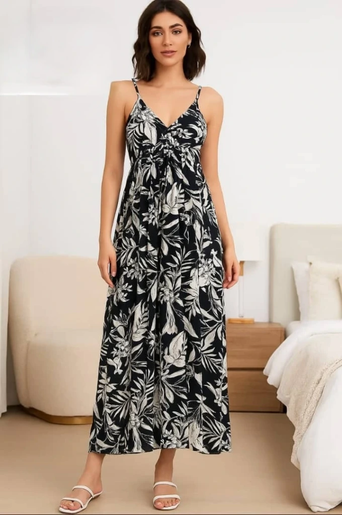 Vestido suelto largo Negro con estampado