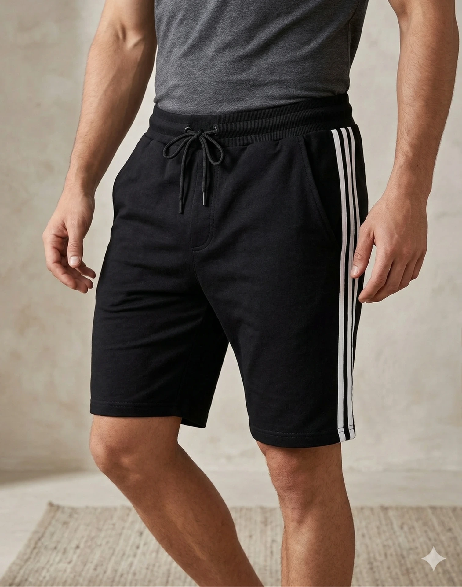 Short de hombre de felpa con banda blanca (Negro)