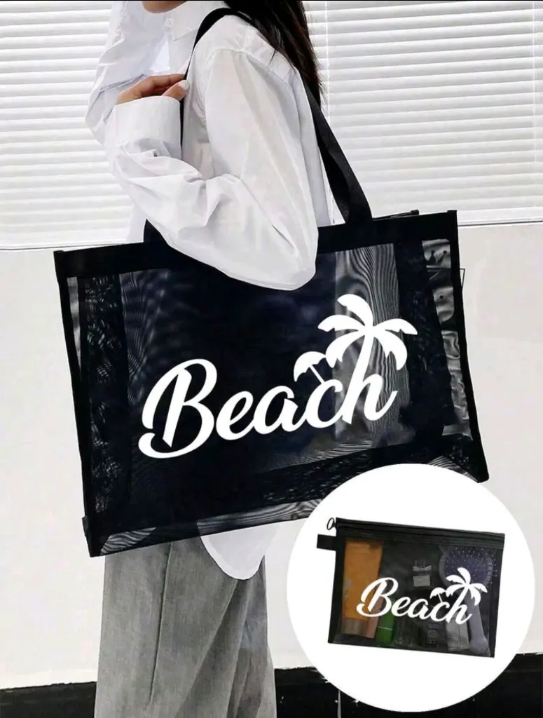Bolso de playa de malla letras Beach Negro