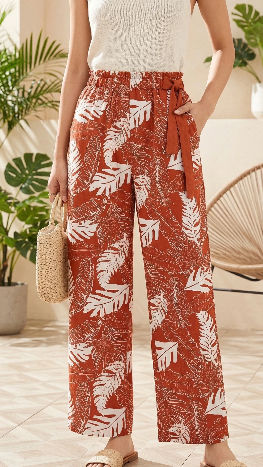 Pantaloneta estampada con hojas cinto incluido (Azul)