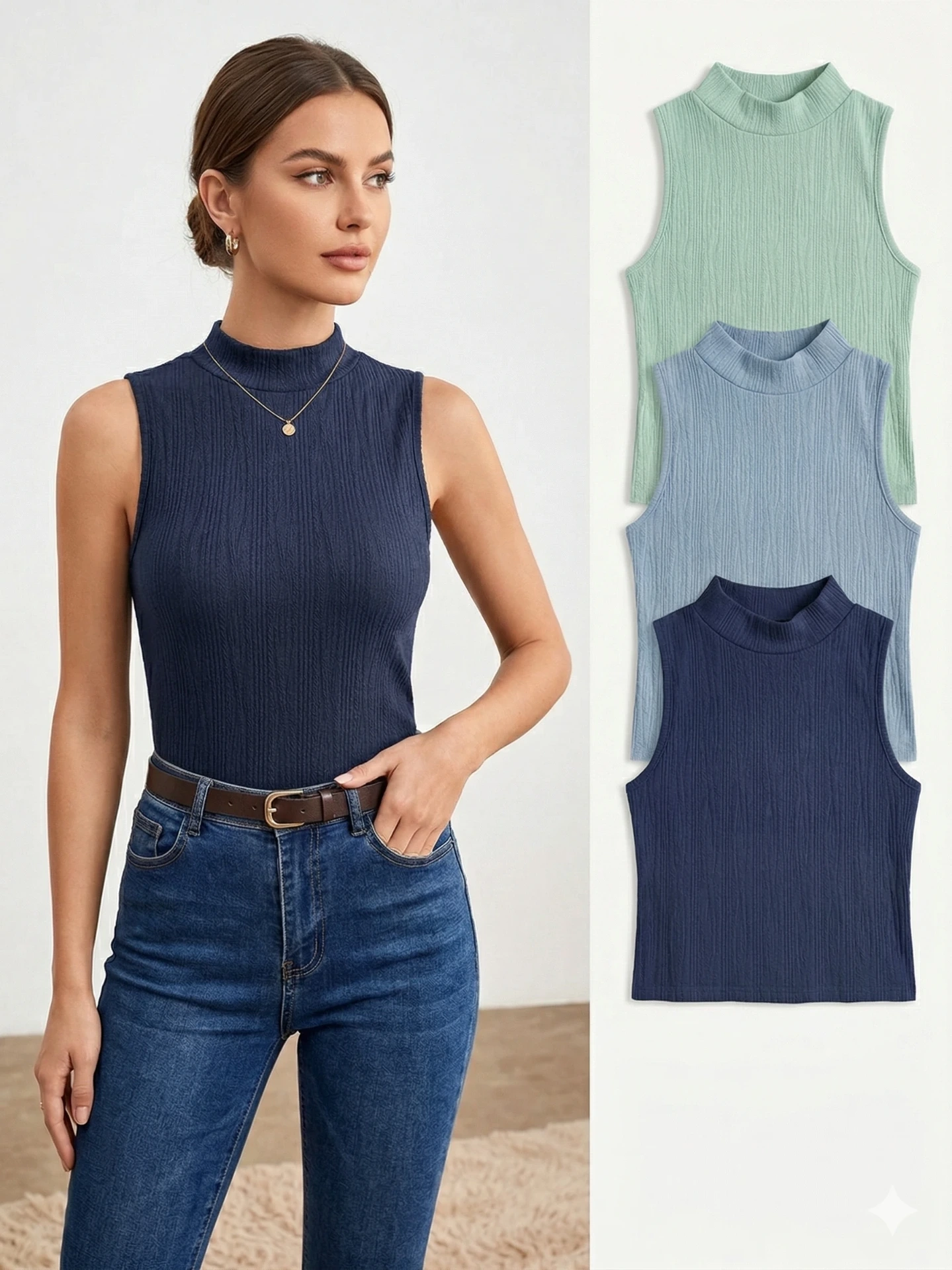 Blusa ajustada de cuello semi alto (Azul)