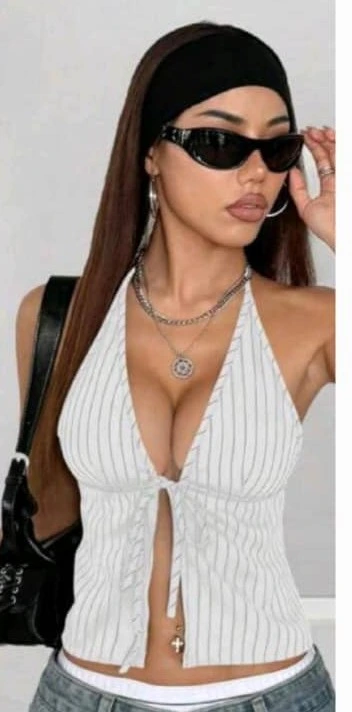 Top abierto alante de tirantes rayado (Azul)