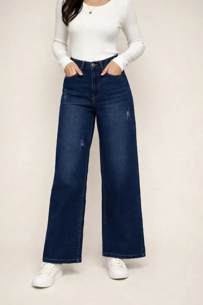 Pantalón de mezclilla de mujer de pierna ancha (Negro, Grande (L))
