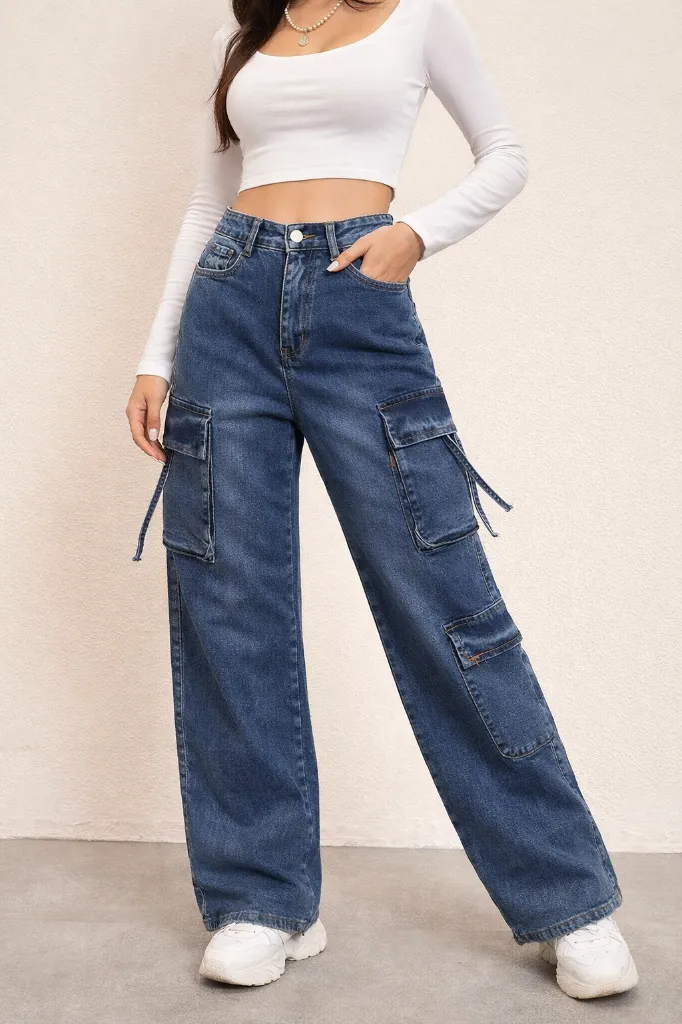 Pantalón de mezclilla de mujer estilo cargo (Negro, Chico (S))