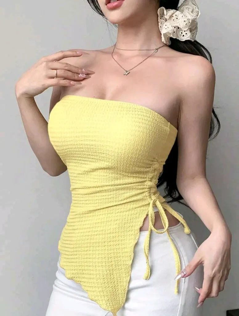 Blusa strapless con cordón lateral Amarilla