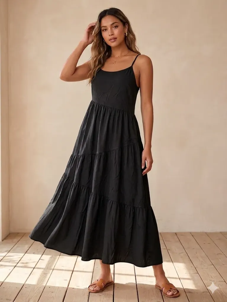 Vestido largo de tirantes con costuras asimétricas